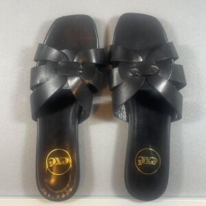 Exé Women Black Leather Woven Strap Square Toe Slide Sandals